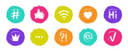 Hashtag social banners. Trendy blogs quotes on speech bubbles, popular image formats social media topics. Vector fun hand doodle icon setのイラスト素材