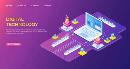Isometric digital technology landing page. Business success. Computer monitor with infographic elements. Design for presentation. High detailed vector illustrationのイラスト素材