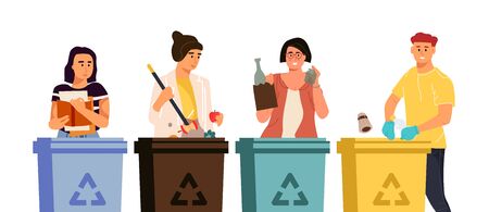 Recycling characters. Cartoon men and women putting trash in different containers, garbage sorting concept. Vector illustrations global eco recycling wasteのイラスト素材