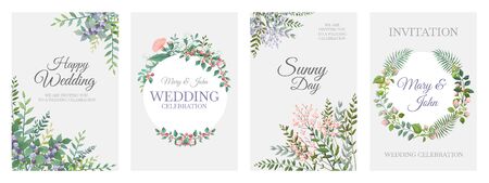 Wedding greenery posters. Green floral frame cards, trendy plants wreath and borders, vintage rustic elements. Vector illustration minimalistic bohemian cards for invitation templateのイラスト素材