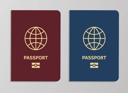 International biometric passport covers template. Blue and red international document with globe. Vector realistic travel concept tourist control for fly legal vacationのイラスト素材