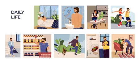Man activities scenes. Cartoon hand drawn young man character leisure, work and routine. Vector illustration set men in home and outdoors sleeping shopping resting working walk with dogのイラスト素材