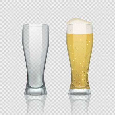 Beer glass cups. Empty transparent mug and full mug, realistic 3D beer pint. Vector tall drink glass on transparent background for restaurant menuのイラスト素材