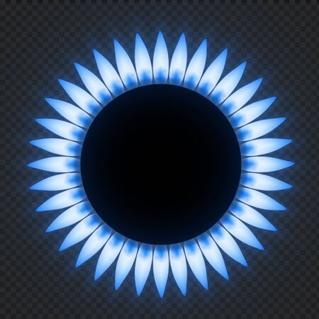 Gas stove flame. Realistic natures blue fire light effects. Vector illustrations flower burner plate flame isolated on transparent backgroundのイラスト素材