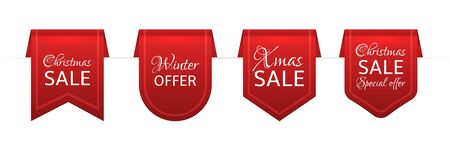 Christmas sale red ribbons. Old isolated labels with Xmas discount. Promotion retro bordure decoration. Realistic vector flags shopping design elements for sales offerのイラスト素材