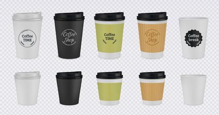 Realistic paper coffee cup. Disposable plastic and paper coffee mugs mockup. 3D vector illustration colorful isolated templates tea cups with lid on transparent backgroundのイラスト素材
