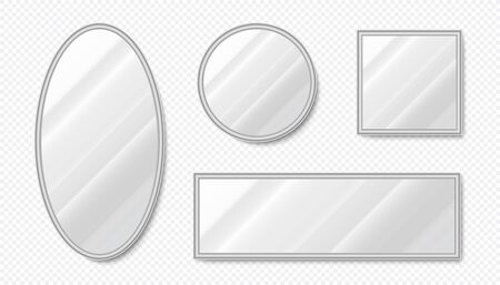 Realistic mirrors. Empty decorative oval and square mirrors with metal frames and light reflections. Vector illustration interior decoration surface reflections elements set on transparent backgroundのイラスト素材