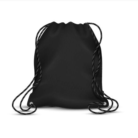 Realistic drawstring bag. Black sport backpack template with ropes, blank accessory rucksack. Vector isolated template polyester or nylon sport packs with string for school shoeのイラスト素材
