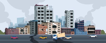 City earthquake. Cartoon natural disaster landscape with cracks and damages on buildings and ground. Vector city destruction after quake or disaster. Illustration concept insurance constructionのイラスト素材