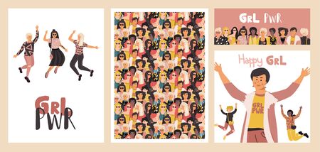 Diverse women poster. Group of happy girls, set of banners and flyers with beauty different international women. Vector concept funny dreams feminist backgroundのイラスト素材