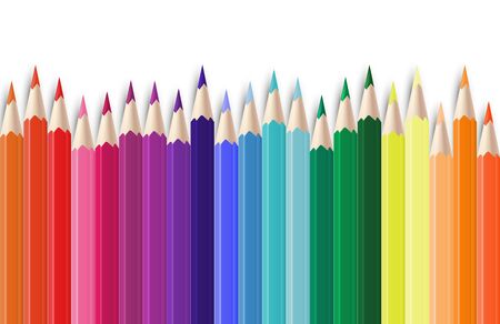 Realistic color pencils. 3D colored graphite sharpened colour pencils set. Vector image school colorful objects background with wooden sharp pencilのイラスト素材