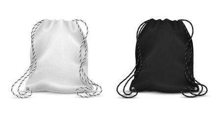 Realistic drawstring bags. Blank black and white backpack mockup for corporate identity, sport pack for accessory. Vector blank template two textile pack for gift or materialsのイラスト素材