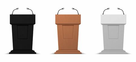 Realistic debate stage. Podium rostrum business presentation stand with microphones. Vector illustration isolated 3D conference speech tribune icons set on white backgroundのイラスト素材