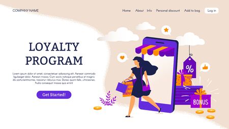 Reward program landing page. E-commerce concept with cartoon people characters. Vector illustrations loyalty program and discount, like promotion retail and advertisements shopのイラスト素材