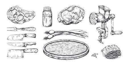 Meat steak. Hand drawn pork veal and bacon beef and lamb cookery, butchery food products sketch. Vector illustration doodle restaurant menu with meat grinder, knife, onionのイラスト素材