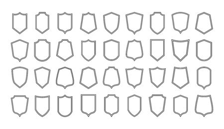 Shield line badges. Blank emblems template for sport club, military and security coat of arms. Vector illustration outline heraldic elements set for graphics protective iconsのイラスト素材