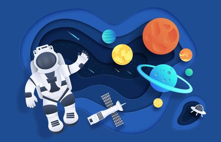 Paper cut space. Cartoon cosmonaut in open space with stars rocket spaceship planets and clouds. Vector illustration flat astronaut in cosmos, speed technology future victory peopleのイラスト素材