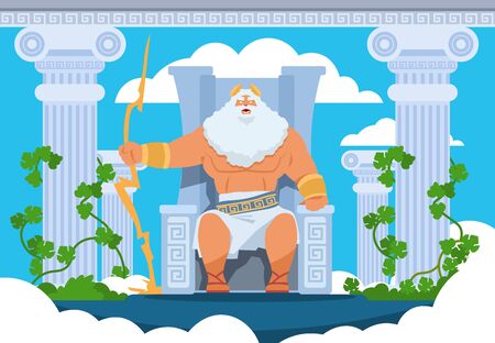Cartoon Zeus. Legendary god character of Ancient Greek mythology on Olympus mountain. Vector mythology illustration Zeus with thunder and lightning in clouds on mount. Pantheon of godsのイラスト素材