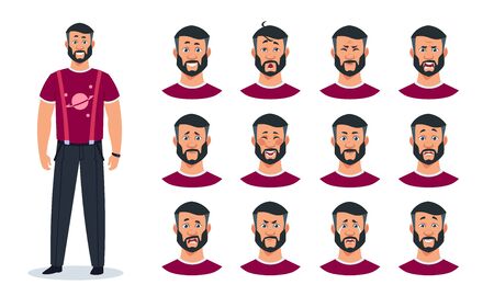 Face expressions. Cartoon man character with set of different emotions angry, pain, sad, happy, surprised guy. Vector expressing constructor avatar faces animation men imageのイラスト素材