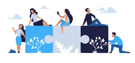 Business teamwork concept. Puzzle elements with cartoon businessman team, partnership and people communication. Vector design cartoon illustration connecting project to marketing objectsのイラスト素材