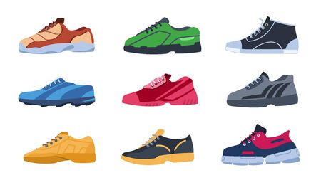 Sneakers. Flat colorful sport shoes with different shapes, trendy stylish color footwear. Vector illustration air shoes for training and sport lifestyleのイラスト素材