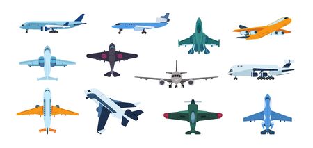 Flat airplanes. Plane flight take off and landing, commercial aviation aircraft, air travel and...