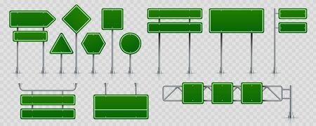 Road signs. Highway traffic signboard and blank street boards, green road pointers isolated on transparent background. Vector set road board text panel, location street arrow wayのイラスト素材