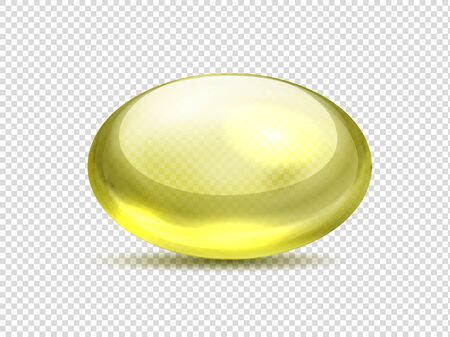 Realistic yellow capsule pills. Oil medicine vitamin, golden bubble with collagen gel. Vector illustration organic vitamin A, E, D or fish oilのイラスト素材