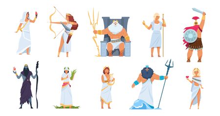 Ancient Greek gods. Cartoon cute legendary characters of ancient mythology. Vector male and female heroes mountain Olympus isolated on white setのイラスト素材