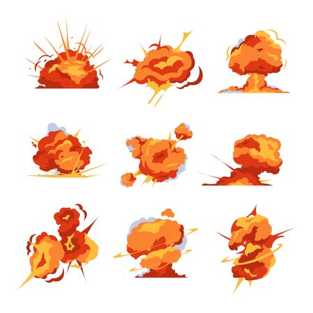 Cartoon explosion. Bomb detonation and fireball effect for mobile game animation. Vector isolated illustration set atomic bomb and dynamite explosion for creative magazine or siteのイラスト素材