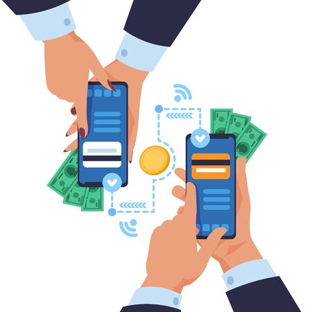 Mobile money transfer. Cartoon hands holding smartphones and sending wireless payment. Vector concept online wallet mobile app for fast exchange or send payments, billsのイラスト素材