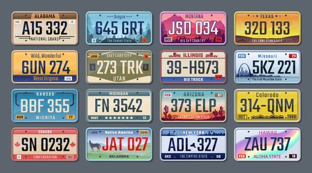 Car plates. American registration numbers of different states, vehicles license plates. Vector isolated illustration colored signs set on gray backgroundのイラスト素材