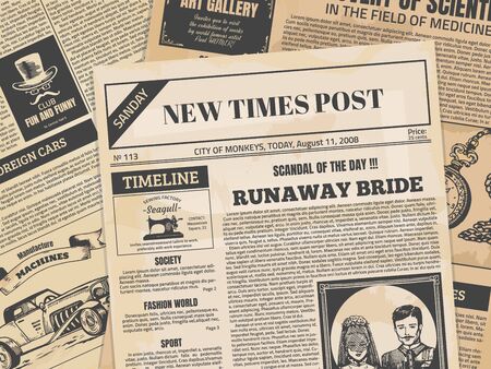 Vintage newspaper. Retro newsprint backdrop or magazine page with grunge texture and old headers. Vector editorial ancient paper news printing template for vintage design cafe and creative backgroundのイラスト素材