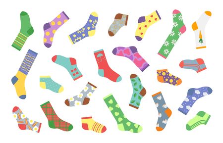 Cartoon socks. Bundle of socks with textures and patterns, image winter clothing elements. Vector flat design creative set of different woolen and cotton socks with holiday patternsのイラスト素材