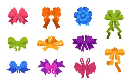 Cartoon bows and ribbons. Christmas and birthday gift box elements, bows and ties for posters and greeting cards. Vector illustration style luxury ties bow set for love or anniversary packingのイラスト素材