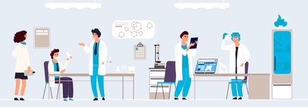 Scientific research. Cartoon people in lab doing analysis and experiment, hand drawn lab interior and equipment. Vector background isometric doctor in white coats working on professionals equipmentのイラスト素材