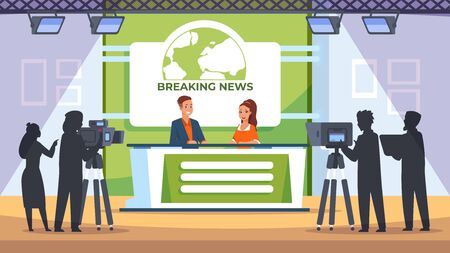 TV news studio. Backstage with crew cameraman light and equipment, television news broadcasting productions. Vector clipart scene photographers with professional camera in room for shooting news mediaのイラスト素材