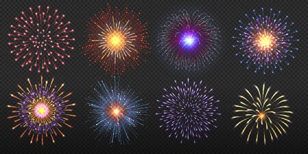 Fireworks. Realistic colorful and golden burst with brightly shining sparks, party celebration pyrotechnic. Vector isolated multicolor festivity light set celebration holiday skyのイラスト素材