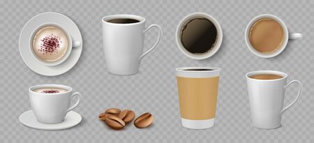 Realistic coffee cups. White ceramic and paper mugs with espresso latte and cappuccino. Vector 3D isolated coffee set, cup for drinking view on topのイラスト素材