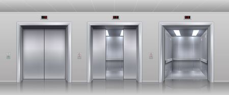 Realistic elevators. Closed open and half closed metallic cabin doors of passenger and cargo lift or indicator. Vector interior with metal doors, steel open and closing lifts in corridorのイラスト素材