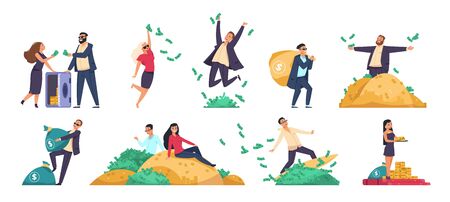 Rich people. Millionaire or banker happy cartoon character with bundles of money, throwing and jumping. Vector illustration wealthy businessman in financial stability set on white backgroundのイラスト素材
