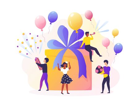 Birthday party. Happy cartoon adult characters celebrating with balloons, birthday present, fireworks and whistles. Vector birthday beautiful decoration concept for pretty company smile friendsのイラスト素材