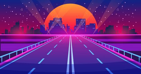 Night city road. Futuristic highway with neon lights and buildings, city of future urban landscape. Vector illustration downtown cartoon scene futurist view modern illuminations roadのイラスト素材