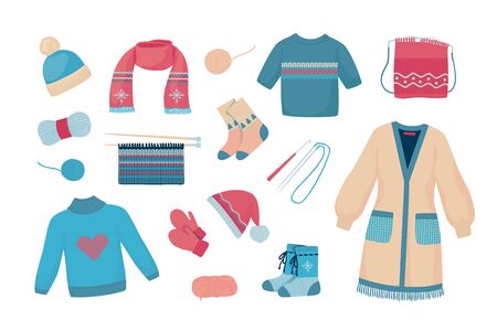 Wool yarn. Knitted autumn and winter sweaters, socks and scarves, cartoon clothing and and knitting instruments. Vector flat set isolated illustration handmade fashion clothes, scarf, mittens on whiteのイラスト素材