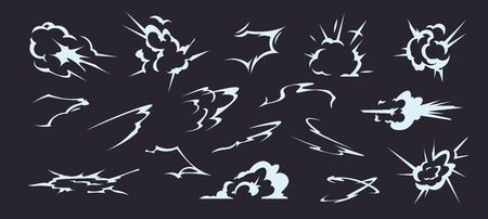 Cartoon explosion smoke effect. Comic shiny ring, power blast circles and swirl animation element, spark space effects. Vector set graphics shape white flash designのイラスト素材