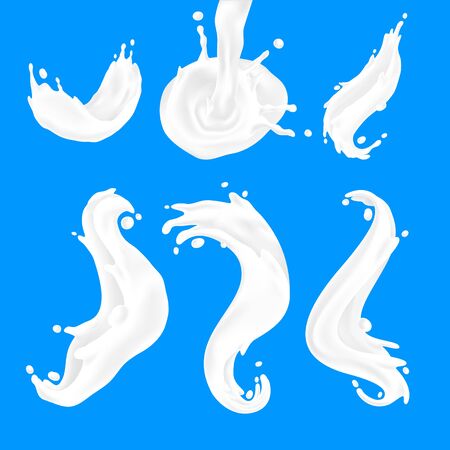 Milk wave. White yogurt and cream splash flows, realistic 3D liquid milk crown shapes, healthy food. Vector milk drops and crowns illustration with element drop splatter on blue backgroundのイラスト素材