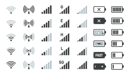 Battery and signal icons. Smartphone charge status, gsm and wifi signal strength. Vector phone powered battery level symbols, network connection sign mobile device interfaceのイラスト素材