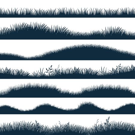 Grass silhouette. Horizontal hills with plants and weed, cartoon wavy meadow and grassland. Vector black marsh set, natural lawn to decoration edge field or background elementsのイラスト素材
