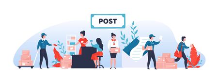 Mail service. Shipping and delivery department banner with cartoon postman characters and parcels. Vector illustration delivery service logistic concept with occupations office worker and postmanのイラスト素材