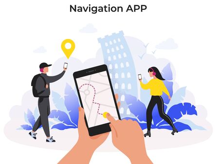Navigation app. Mobile application with map route for food or package delivery service on smartphone. Vector illustration concept tracking technology person using mobile phone and help in journeyのイラスト素材
